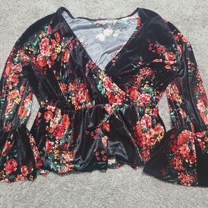 Spin 1X Floral Velvet Peplum Top Bell Sleeve Black Red
